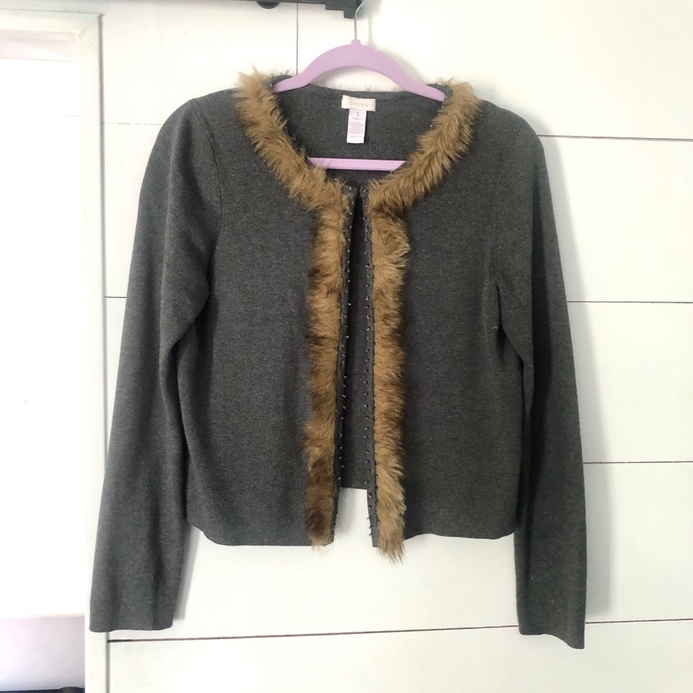 Chico’s cropped fur trim cardigan